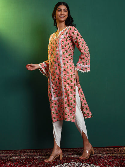 Peach Cotton Laced Kurta and Tulip Pant Set