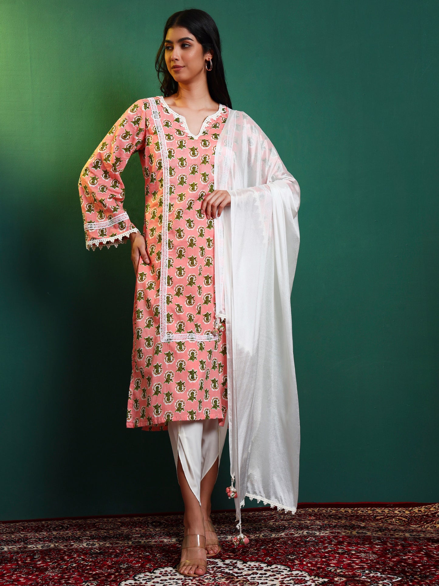 Peach Cotton Laced Kurta and Tulip Pant Set