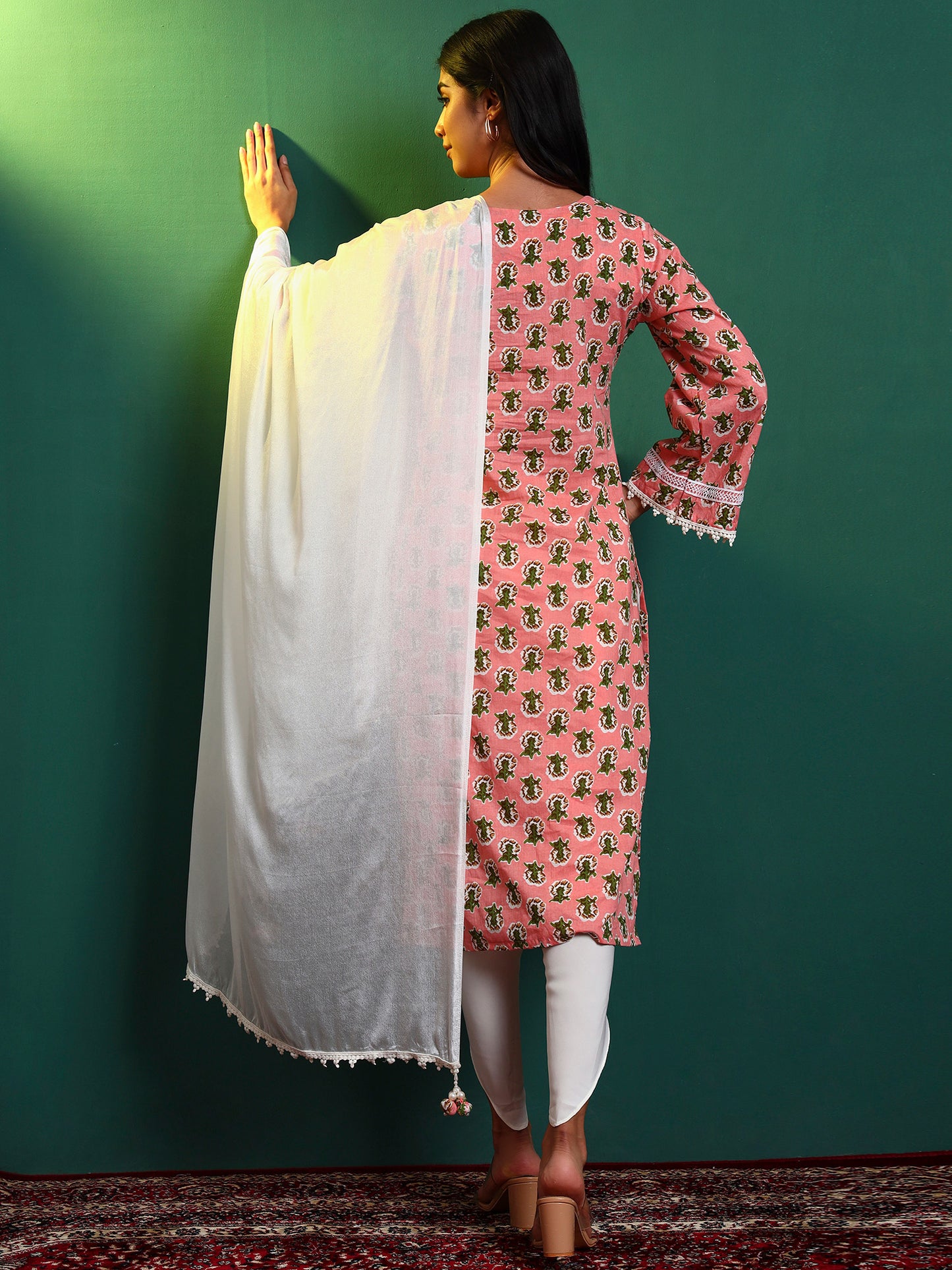 Peach Cotton Laced Kurta and Tulip Pant Set