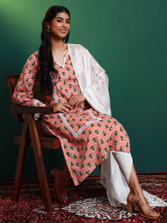 Peach Cotton Laced Kurta and Tulip Pant Set