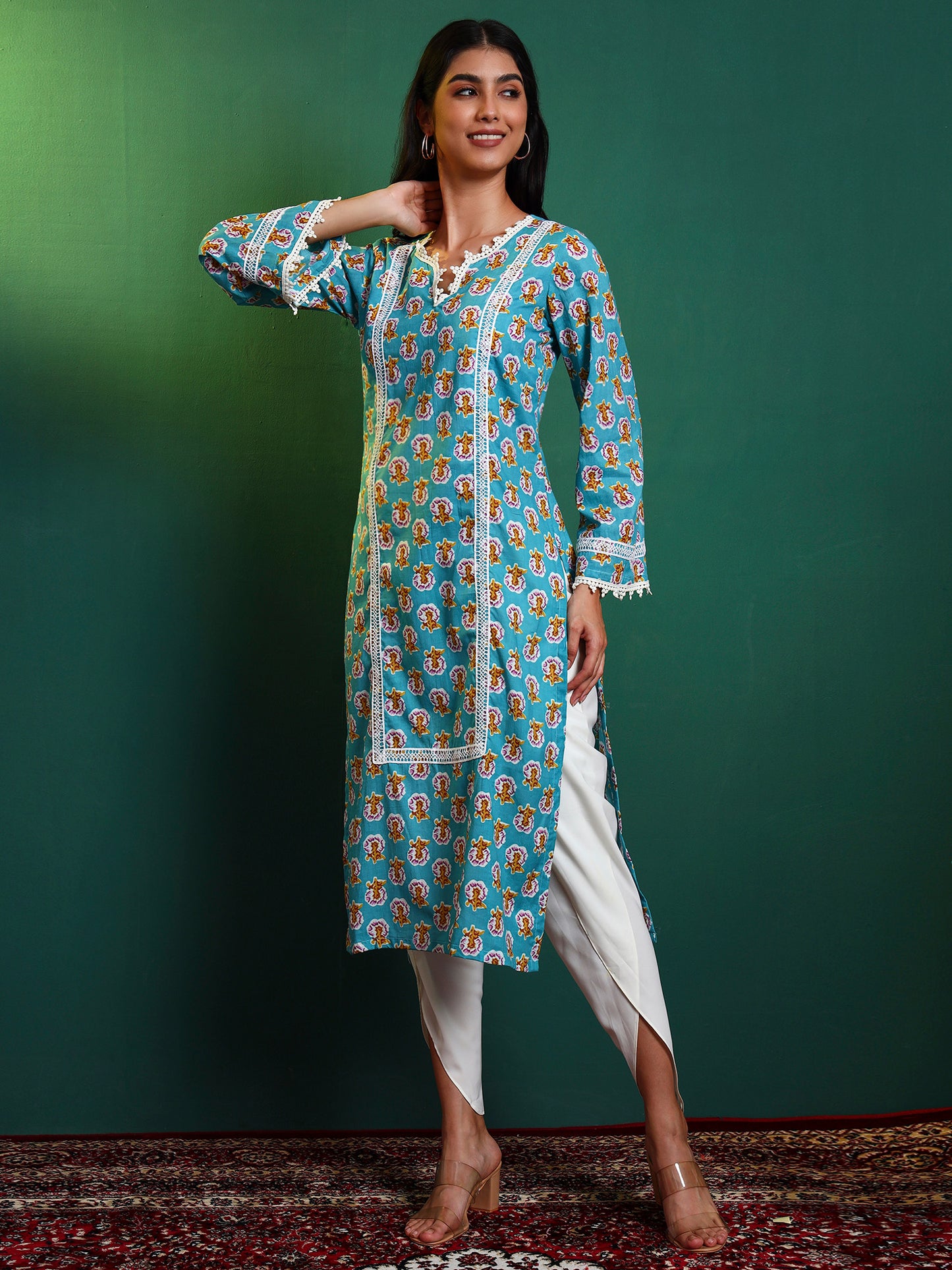 Blue Cotton Laced Kurta and Tulip Pant Set