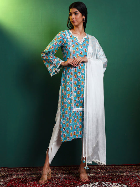Blue Cotton Laced Kurta and Tulip Pant Set