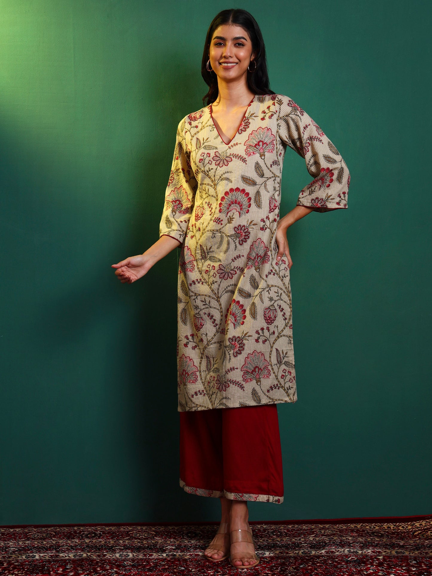 Kantha Chintz Printed Kurta with Palazzo and Dupatta Set