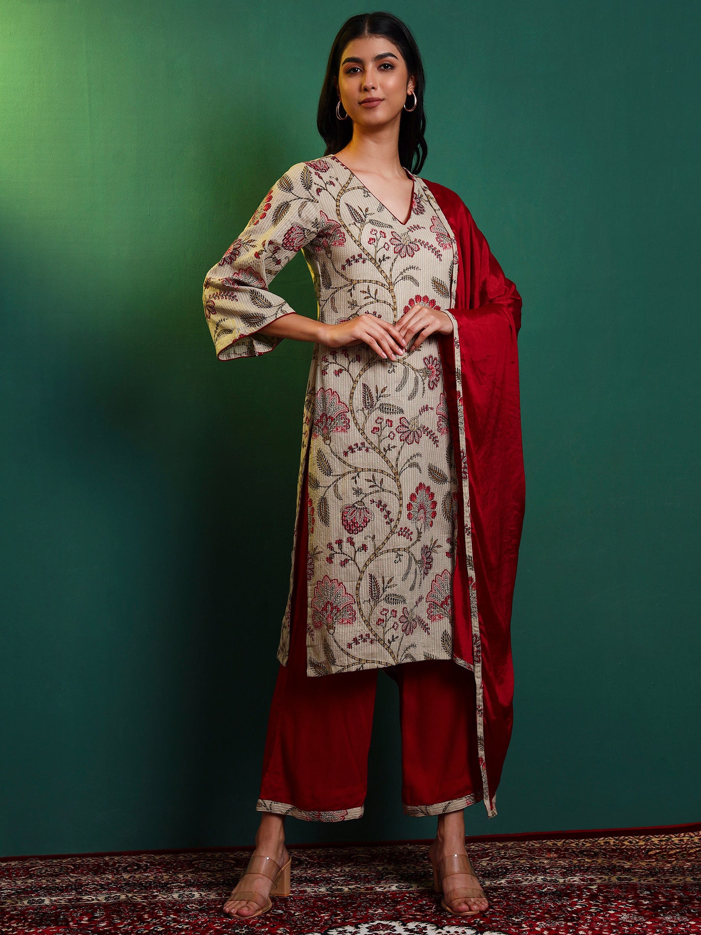 Kantha Chintz Printed Kurta with Palazzo and Dupatta Set