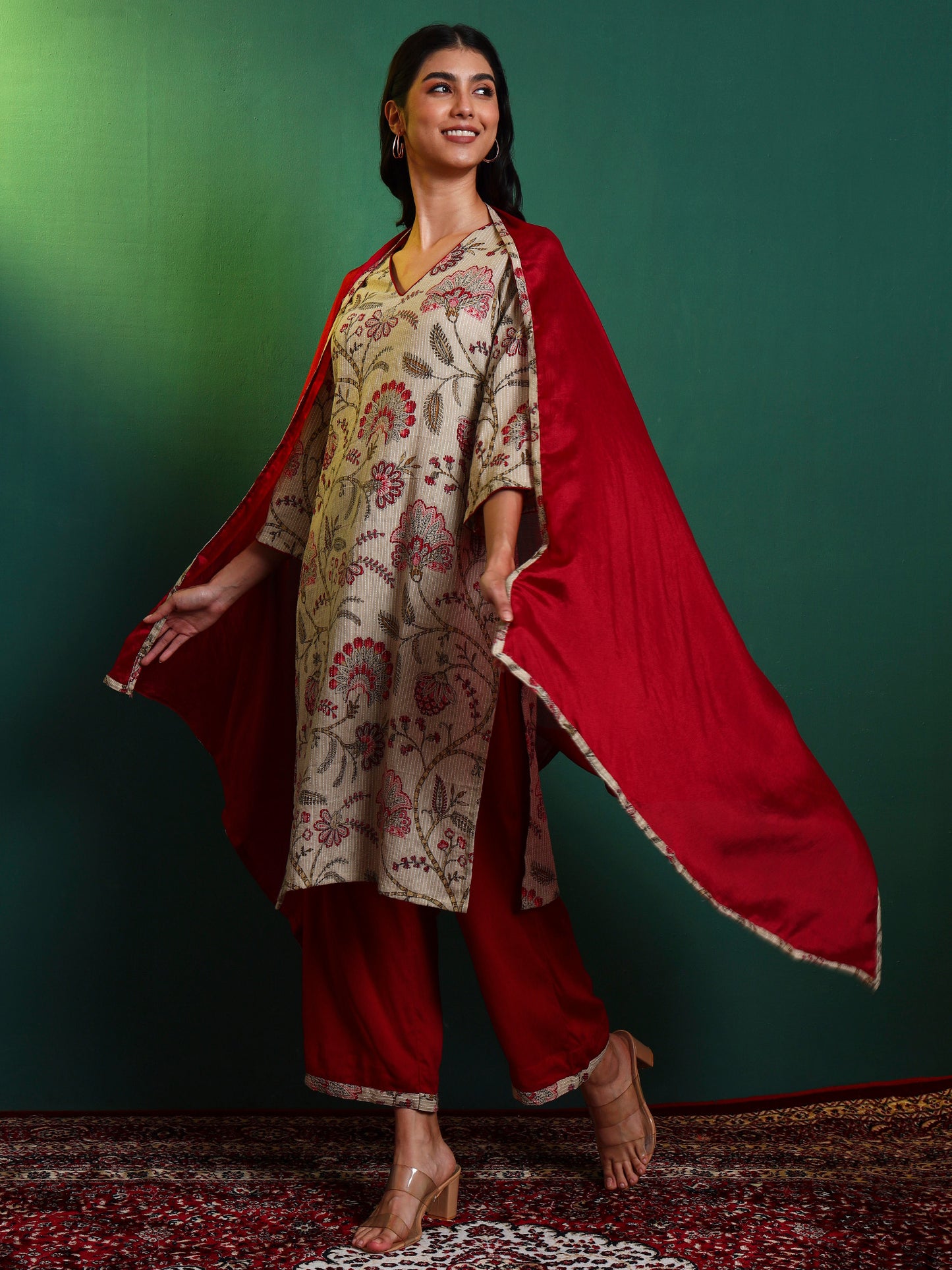 Kantha Chintz Printed Kurta with Palazzo and Dupatta Set
