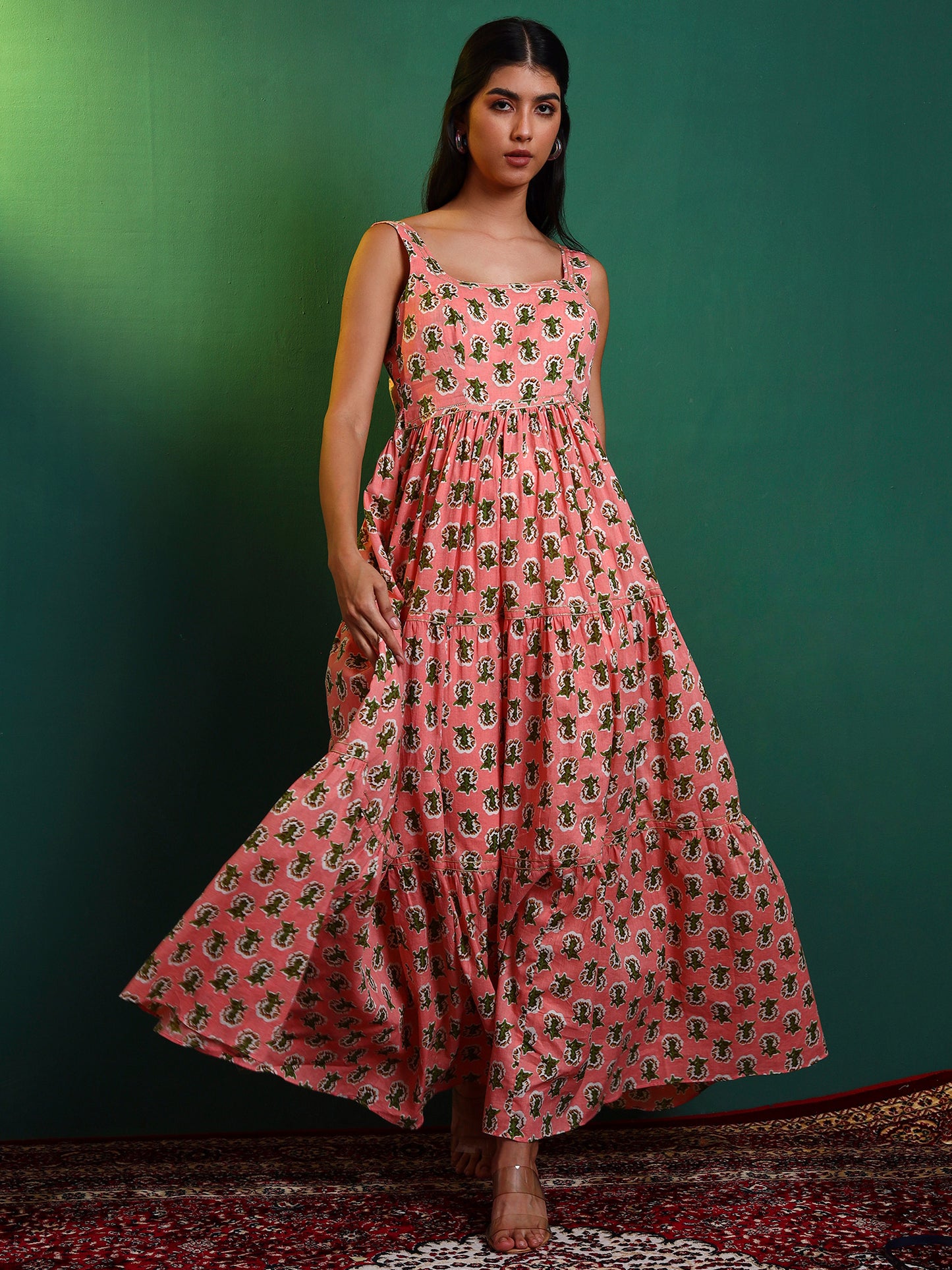 Peach Cotton Printed Tiered Maxi Dress
