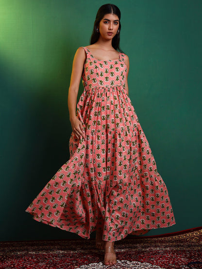 Peach Cotton Printed Tiered Maxi Dress