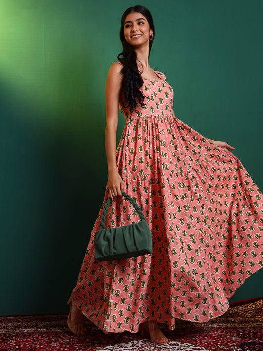 Peach Cotton Printed Tiered Maxi Dress