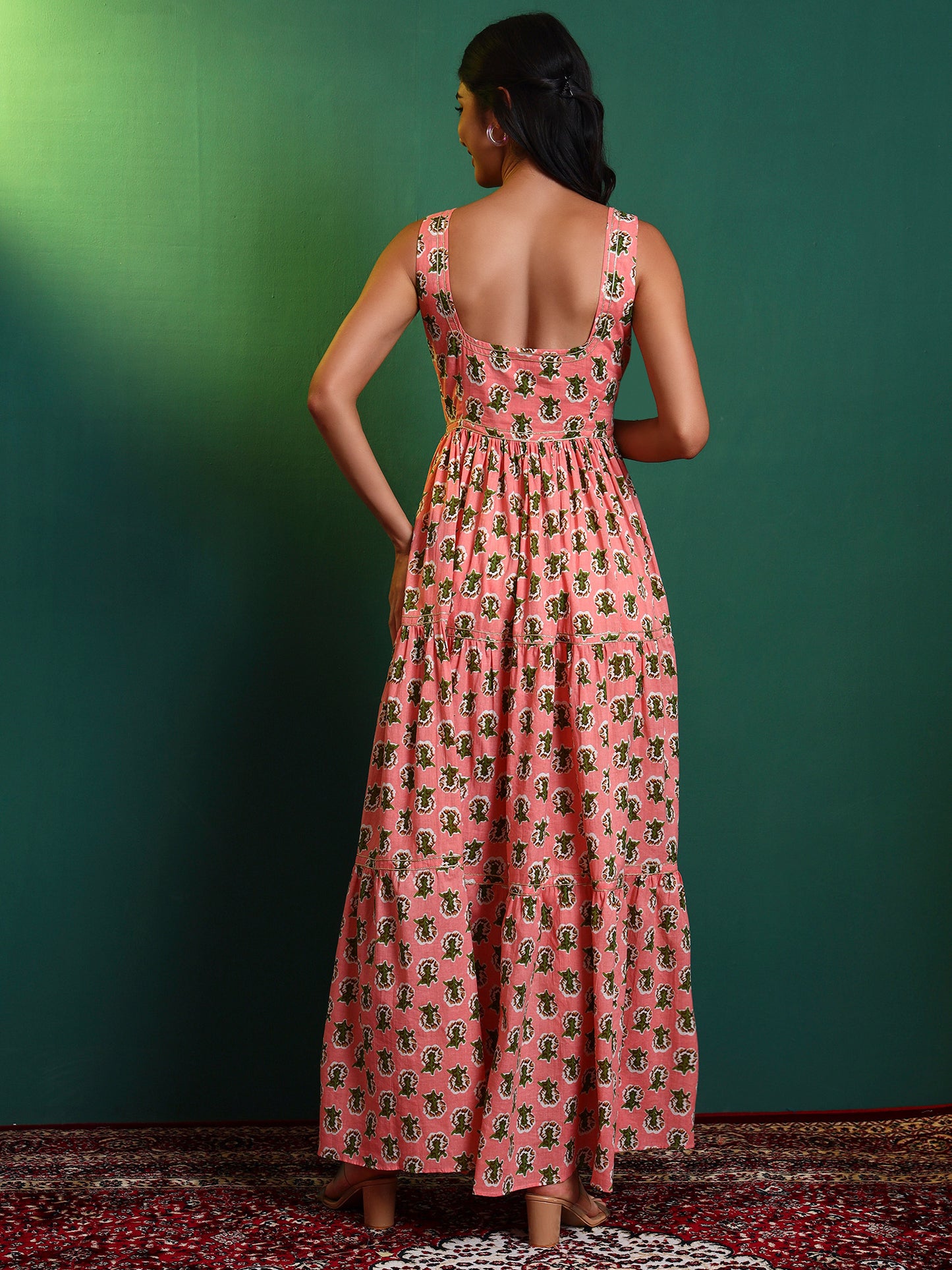Peach Cotton Printed Tiered Maxi Dress