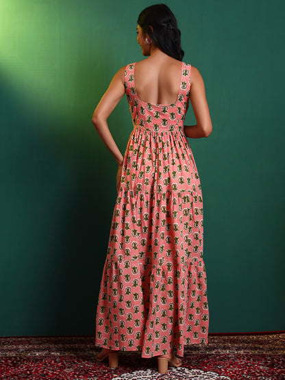 Peach Cotton Printed Tiered Maxi Dress