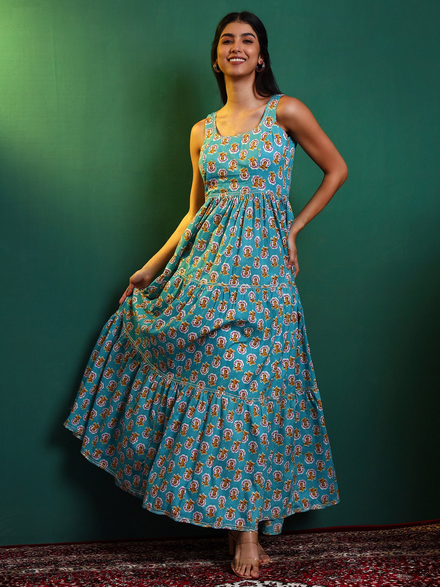Blue Cotton Printed Tiered Maxi Dress