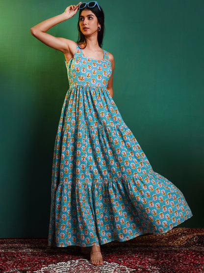 Blue Cotton Printed Tiered Maxi Dress
