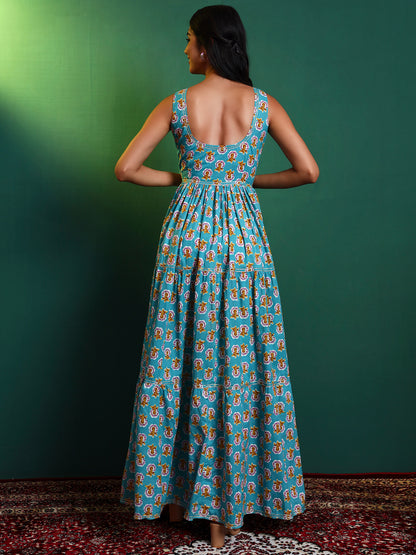 Blue Cotton Printed Tiered Maxi Dress