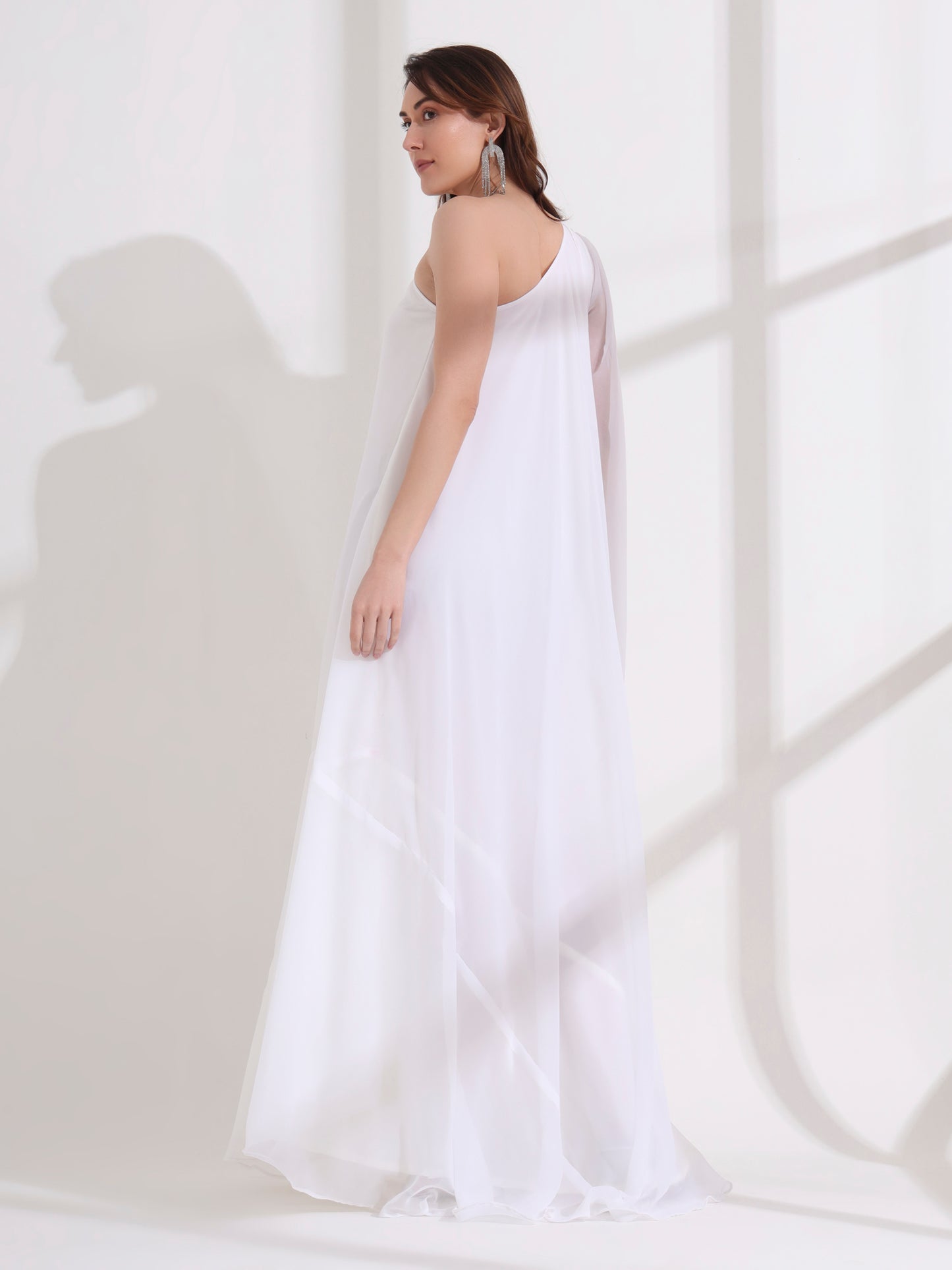 White Georgette One Shoulder Flared Maxi Dress