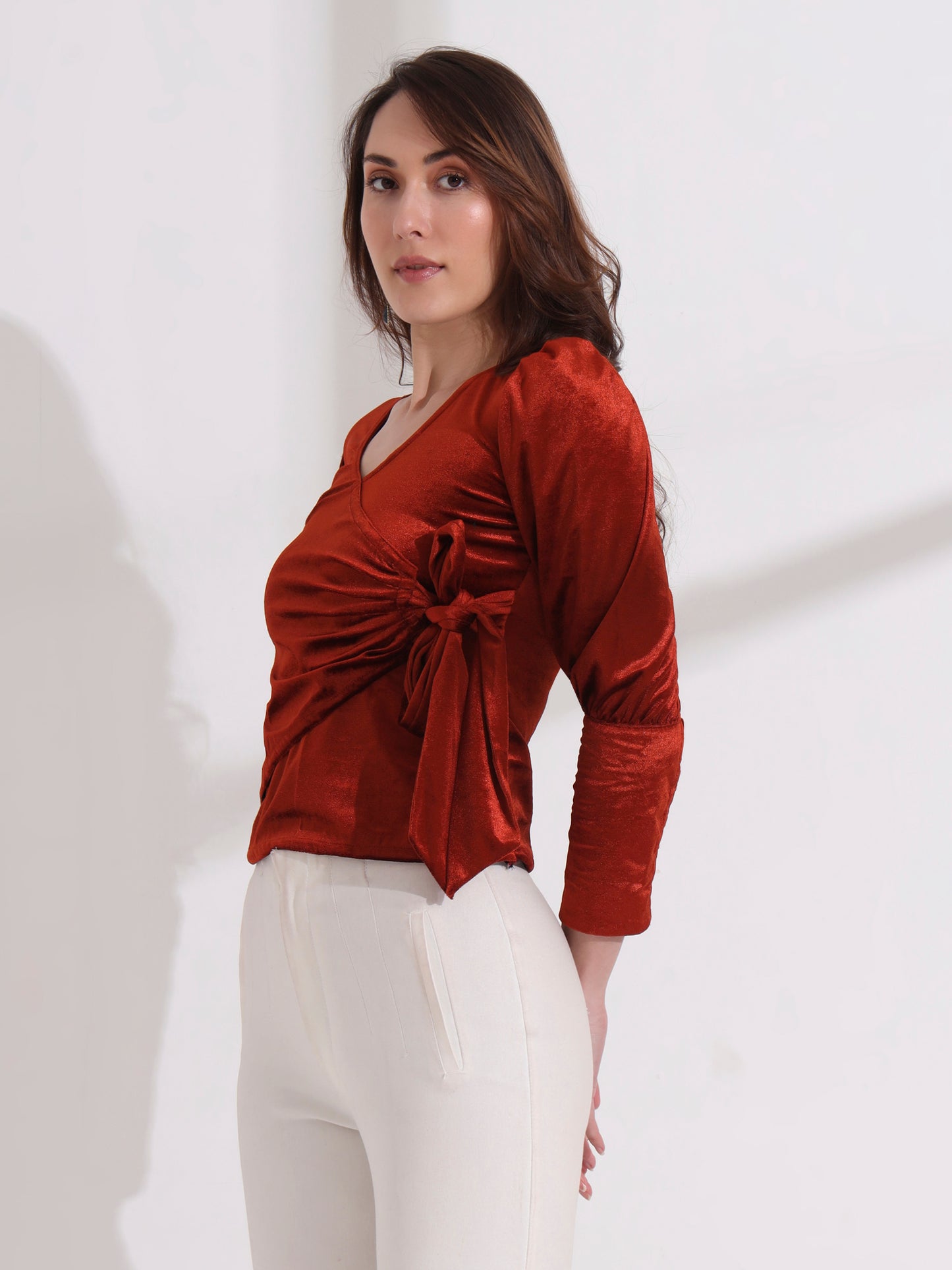 Burnt Orange Side Tie-up Velvet Top