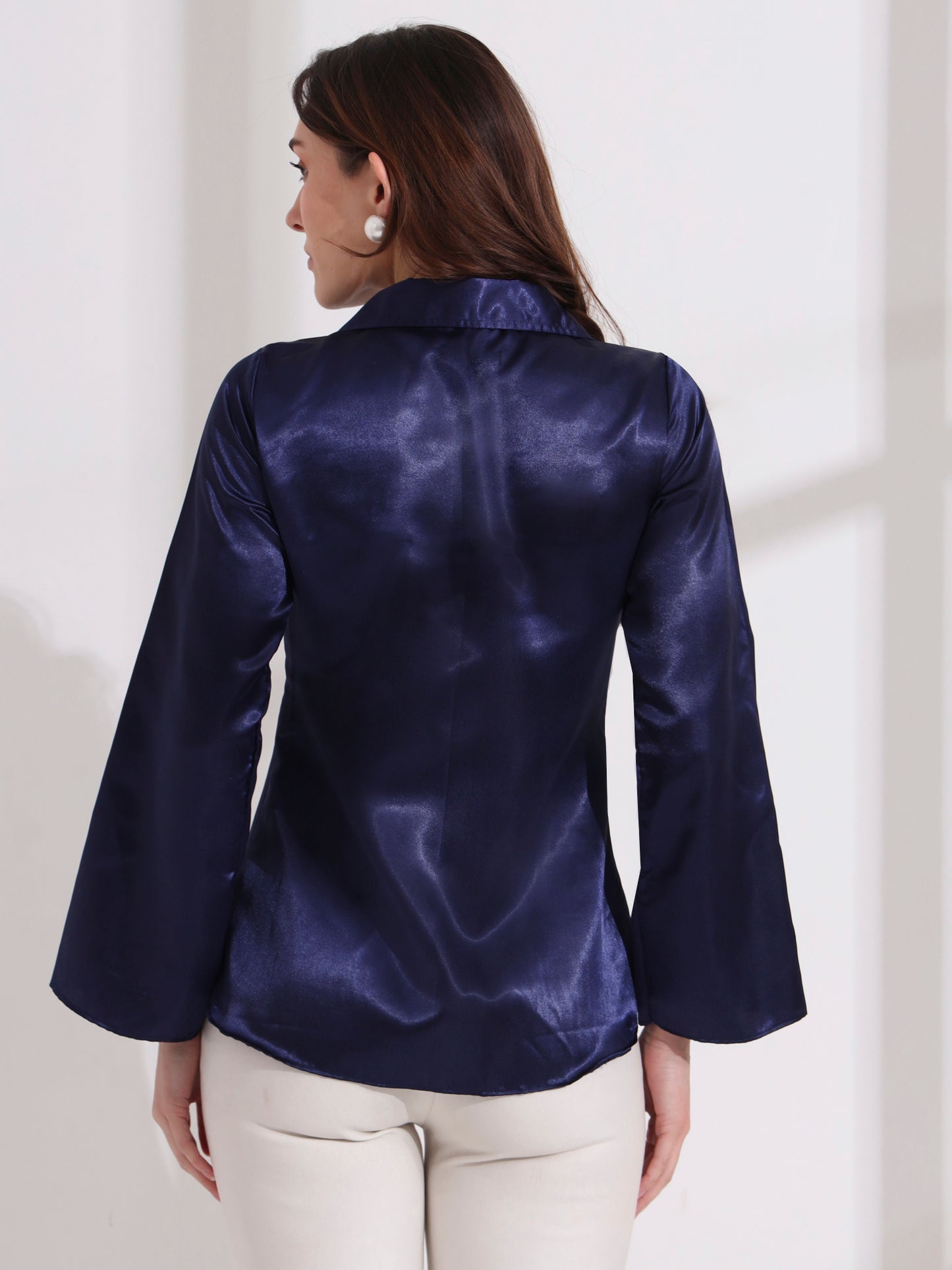 Blue Tie-up Collared Satin Shirt