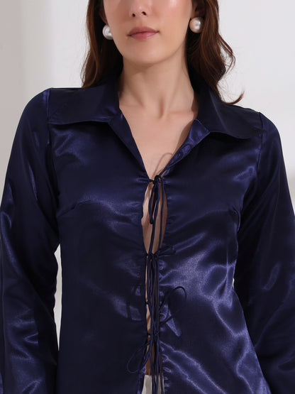 Blue Tie-up Collared Satin Shirt