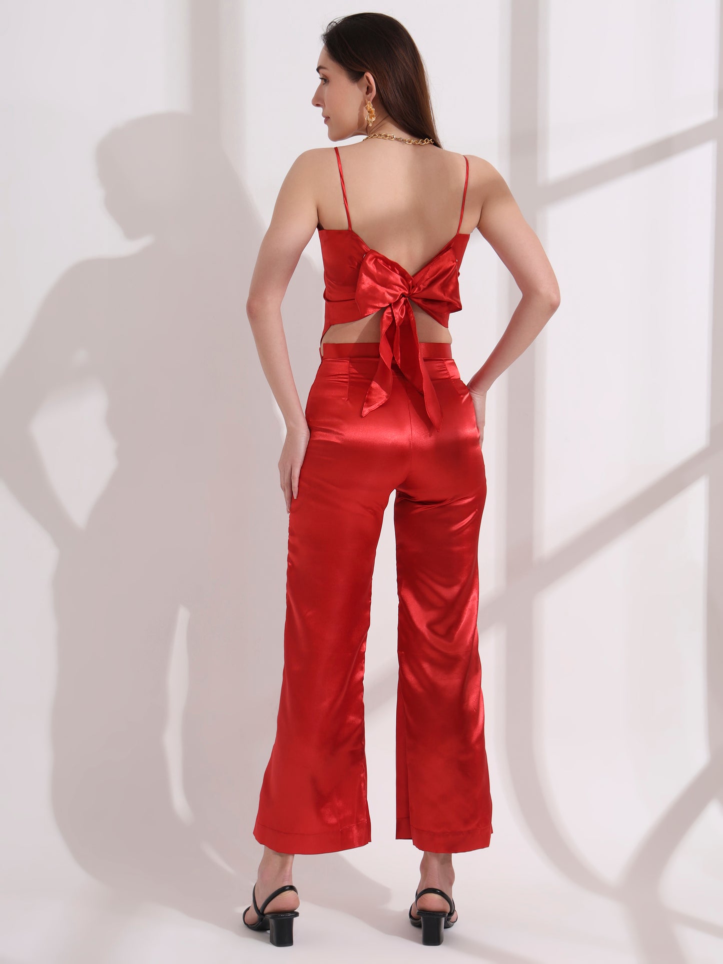 Red Satin Tie-up Top and Pant  Set