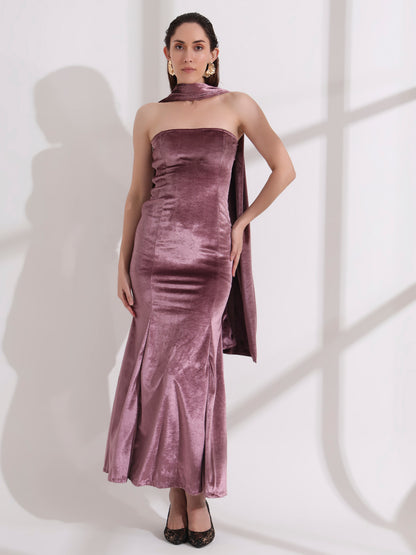 Purple Velvet Bodycon Dress with Dupatta