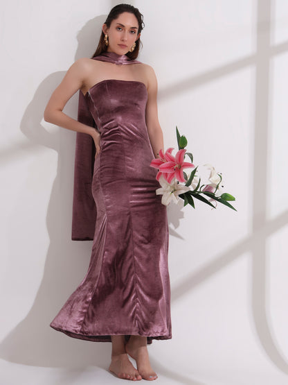 Purple Velvet Bodycon Dress with Dupatta