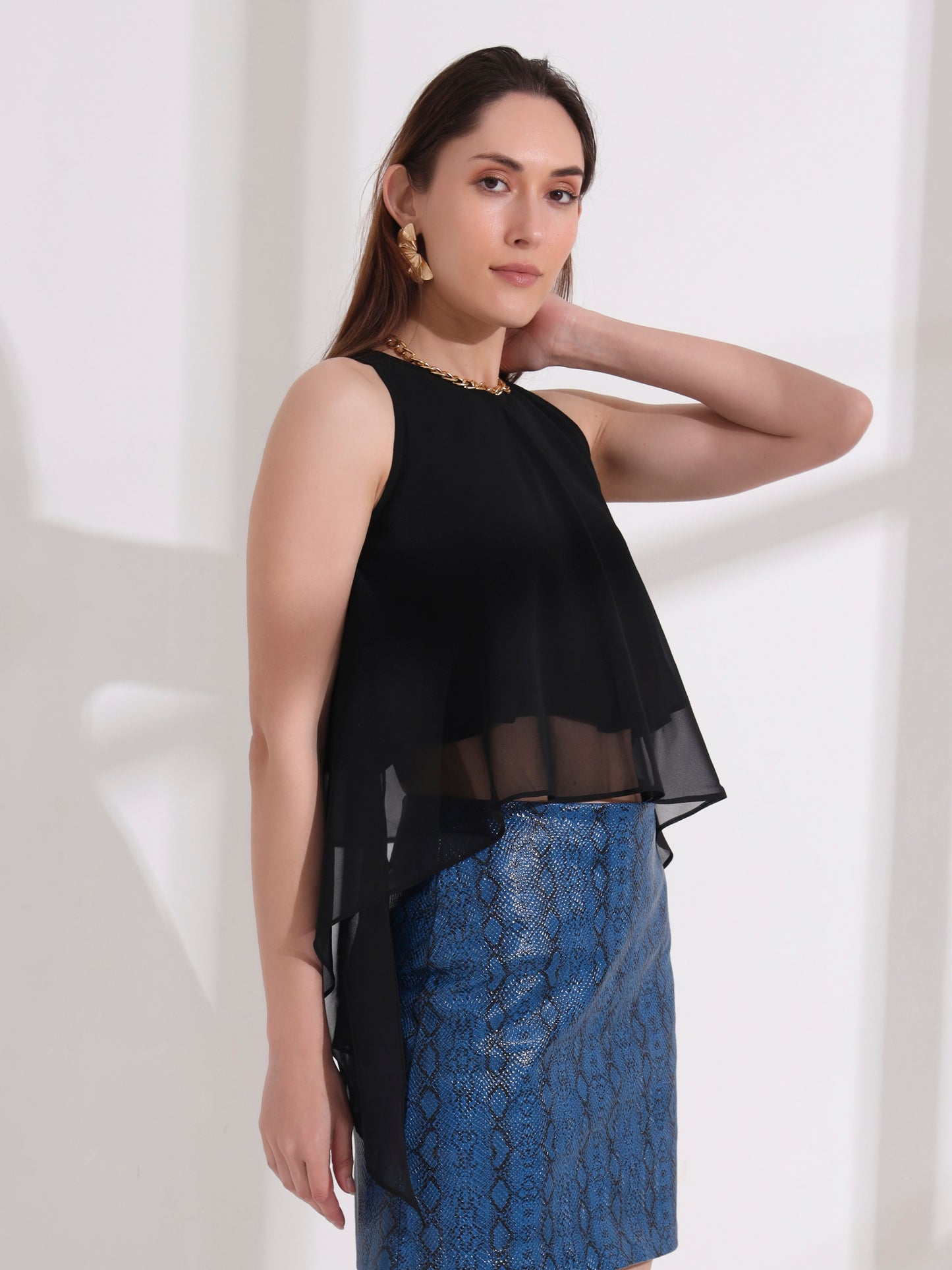 Black Georgette Ruffle Crop Top