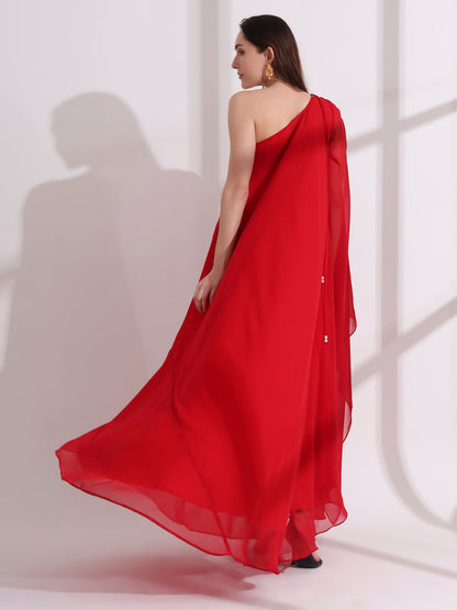 Red Georgette One Shoulder Flared Maxi Dress