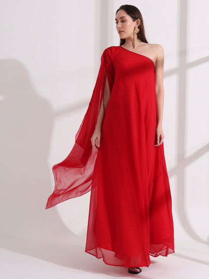 Red Georgette One Shoulder Flared Maxi Dress