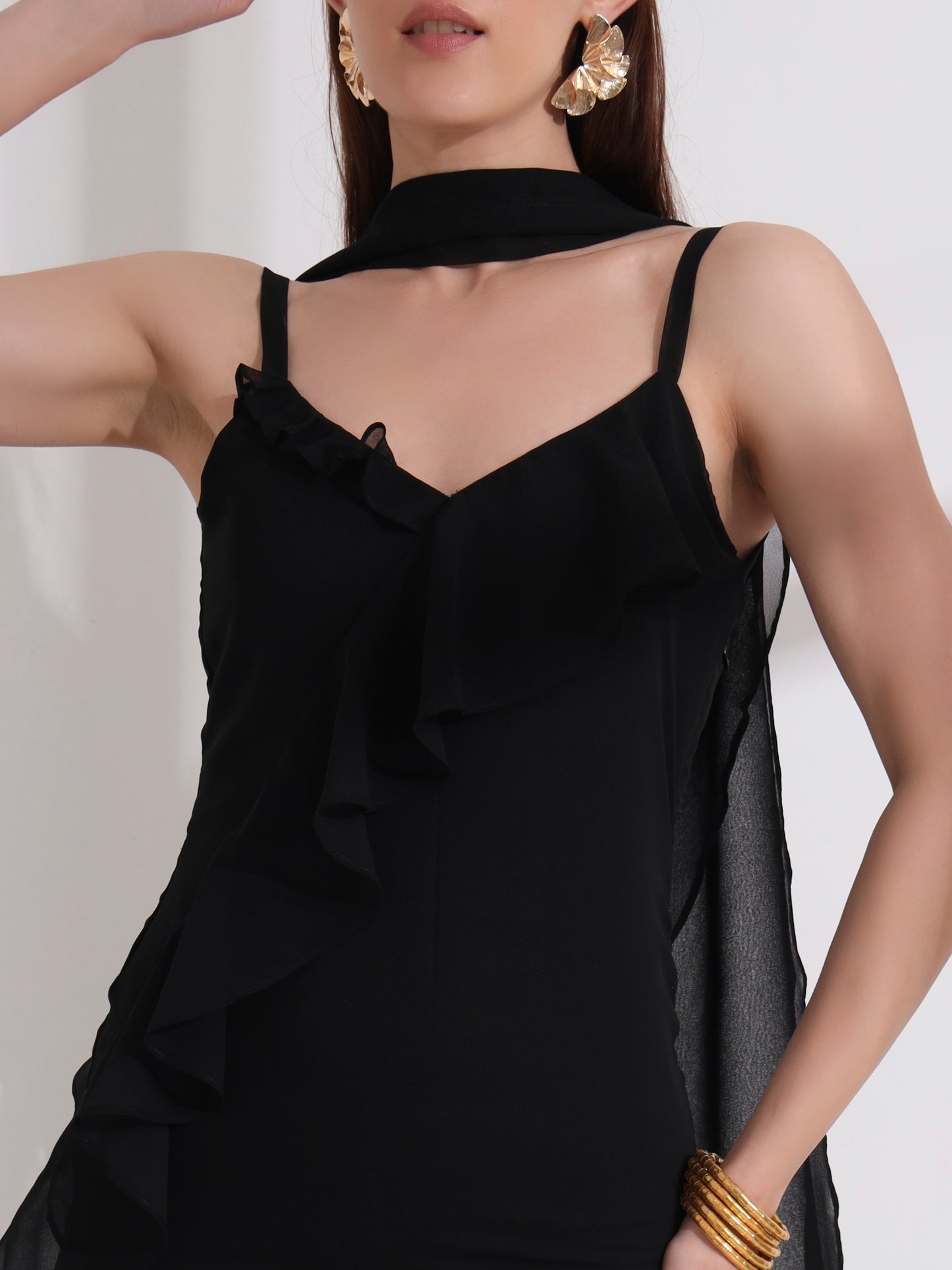 Black Ruffle Bodycon Dress with Dupatta